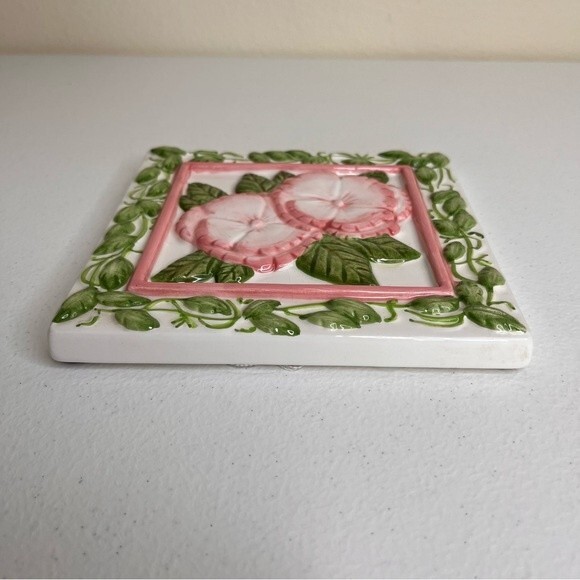 Vintage Treasure Craft Pink Green Floral Trivet Decor Wall Art Ceramic Tile - Picture 6 of 14
